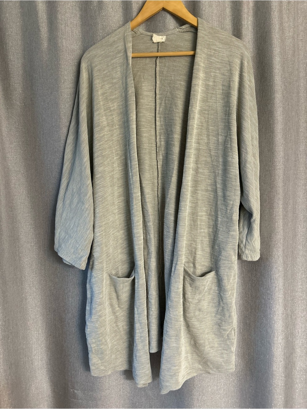 DONNI. Sandwash Ribbed Open Front Duster Cardigan Grey Stripe OSFA Plus